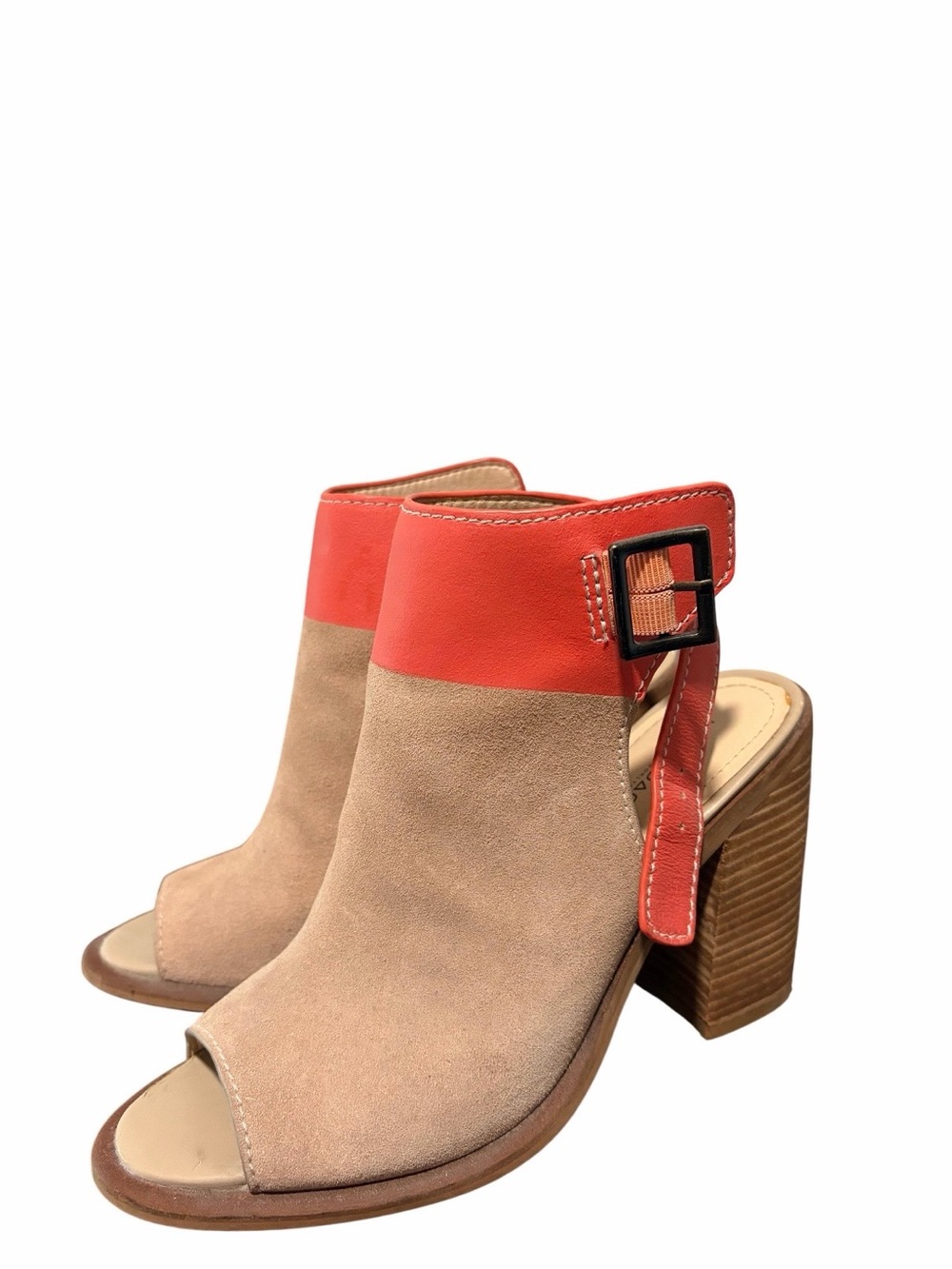 Kelsi Dagger Two-Tone Coral and Taupe Peep Toe Block Heel Sandals